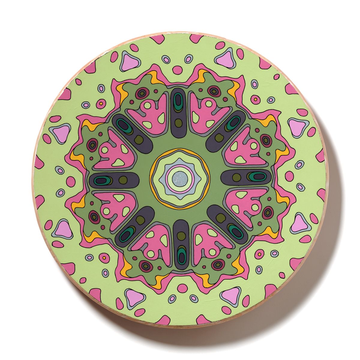 <br/>Puye Bedrock, 2023<br/>18" diameter<br/>acrylic, opaque marker and glitter on wood